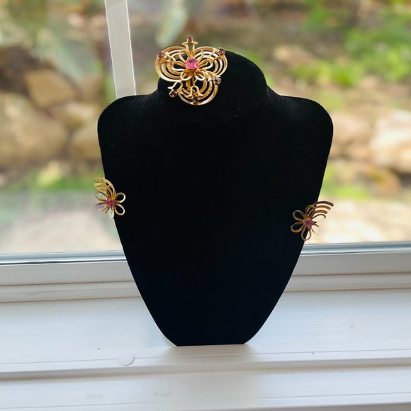 Vintage pink and purple flower swirl gold three layer brooch and earrings - Picture 2 of 10